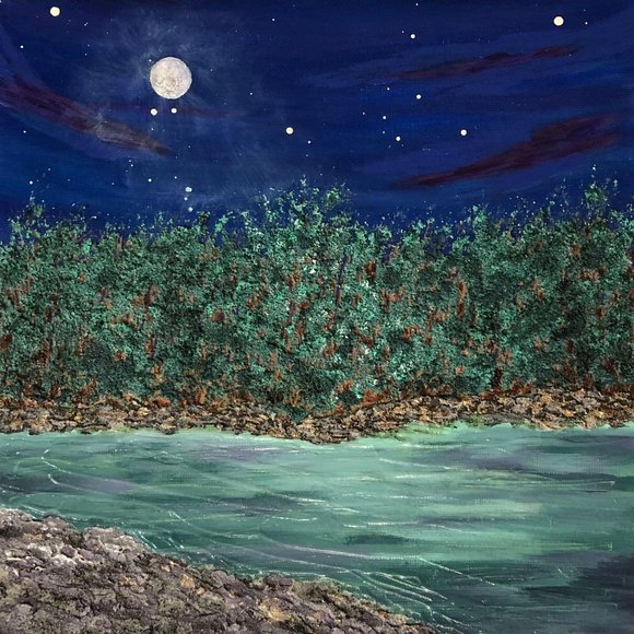 Moonlit Acrylic Painting, Moon at Night 8 x 8"